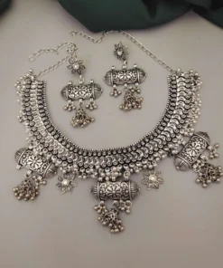 Glamaya Oxidised Fusion Jantar Choker Necklace Earrings Set 2 GLAM-CN-OX-22-026044-25-10