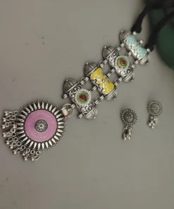 Glamaya Oxidised Meenakari Tie Necklace Earrings Set 3 GLAM-CN-ME-18-111579-33-5