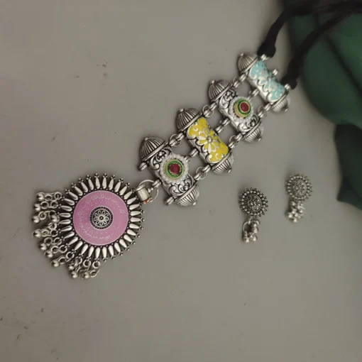 Glamaya Oxidised Meenakari Tie Necklace Earrings Set 3 GLAM-CN-ME-18-111579-33-5 Glamaya Oxidised Meenakari Tie Necklace Earrings Set 3 GLAM-CN-ME-18-111579-33-5