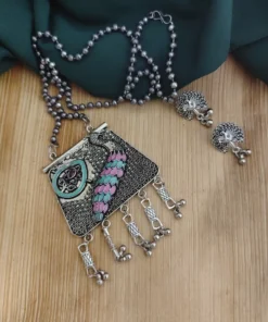 Glamaya Oxidised Peacock Chain Necklace Earrings Set 1 GLAM-CN-OX-20-904013-35-6