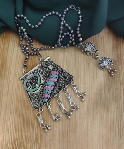 Glamaya Oxidised Peacock Chain Necklace Earrings Set 1 GLAM-CN-OX-20-904013-35-6