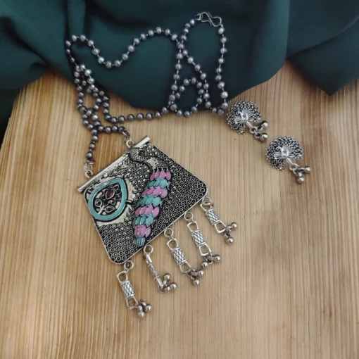 Glamaya Oxidised Peacock Chain Necklace Earrings Set 1 GLAM-CN-OX-20-904013-35-6