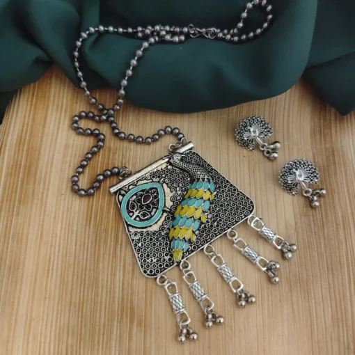 Glamaya Oxidised Peacock Chain Necklace Earrings Set 3 GLAM-CN-OX-20-904013-35-6 Glamaya Oxidised Peacock Chain Necklace Earrings Set 3 GLAM-CN-OX-20-904013-35-6