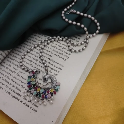 Glamaya Pritha Silver Replica Brass Peacock Chain Necklace 9 GLAM-NE-BR-21F4-231761-43-7 Glamaya Pritha Silver Replica Brass Peacock Chain Necklace 9 GLAM-NE-BR-21F4-231761-43-7