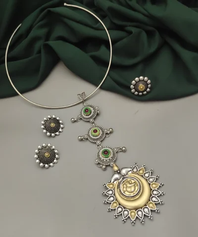 Glamaya Mirza Oxidised Two Tone Tie Hasli Necklace Earring Ring Set 2 GLAM-CN-TT-21F4-420573-43-7