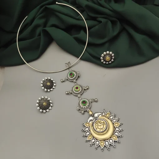 Glamaya Mirza Oxidised Two Tone Tie Hasli Necklace Earring Ring Set 2 GLAM-CN-TT-21F4-420573-43-7
