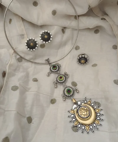 Glamaya Mirza Oxidised Two Tone Tie Hasli Necklace Earring Ring Set 1 GLAM-CN-TT-21F4-420573-43-7