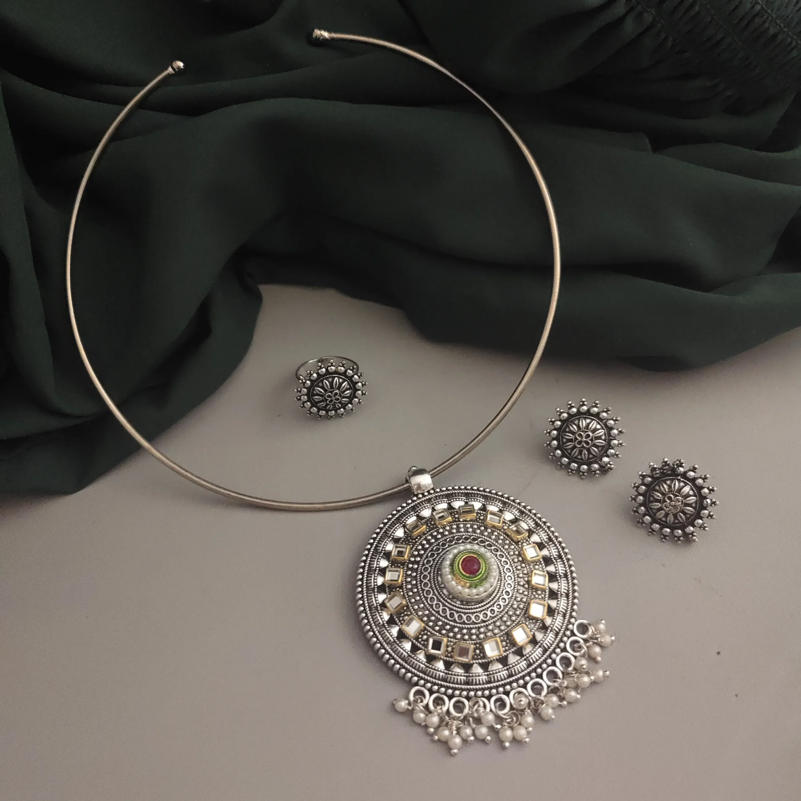 Mishka Oxidised Hasli Necklace Earring Set