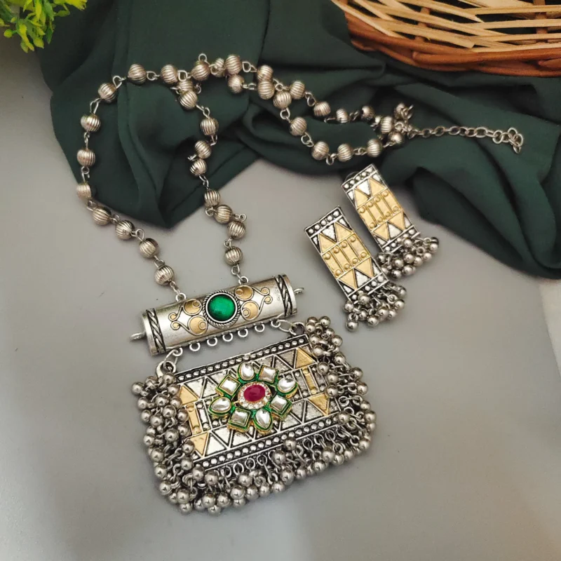 Glamaya Fida Long Two Tone One Fusion Necklace Earring Set 1 GLAM-CN-TT-21F4-975213-43-7