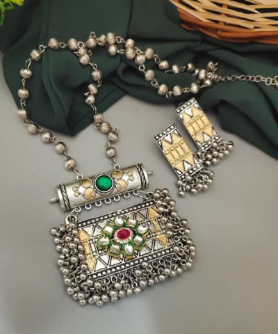 Glamaya Fida Long Two Tone One Fusion Necklace Earring Set 1 GLAM-CN-TT-21F4-975213-43-7