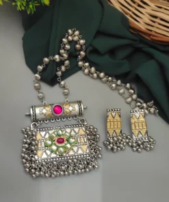 Glamaya Fida Long Two Tone One Fusion Necklace Earring Set 2 GLAM-CN-TT-21F4-975213-43-7
