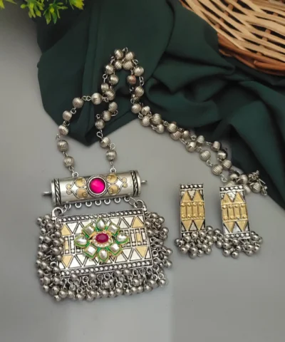Glamaya Fida Long Two Tone One Fusion Necklace Earring Set 2 GLAM-CN-TT-21F4-975213-43-7