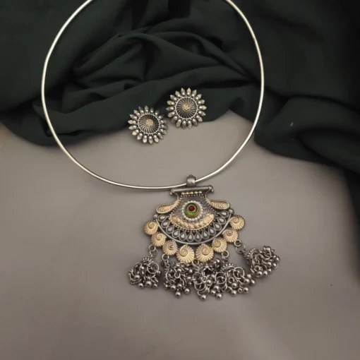 Glamaya Mrida Oxidised Two Tone Hasli Necklace Earring Set 2 GLAM-CN-TT-25F7-724211-43-7 Glamaya Mrida Oxidised Two Tone Hasli Necklace Earring Set 2 GLAM-CN-TT-25F7-724211-43-7