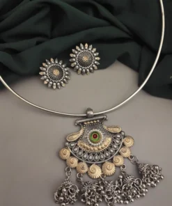 Glamaya Mrida Oxidised Two Tone Hasli Necklace Earring Set 3 GLAM-CN-TT-25F7-724211-43-7