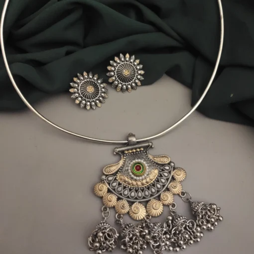 Glamaya Mrida Oxidised Two Tone Hasli Necklace Earring Set 3 GLAM-CN-TT-25F7-724211-43-7 Glamaya Mrida Oxidised Two Tone Hasli Necklace Earring Set 3 GLAM-CN-TT-25F7-724211-43-7