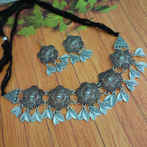 Glamaya Falak Oxidised Flower Choker Necklace Earring Set 1 GLAM-CN-OX-11F4-941510-21-7