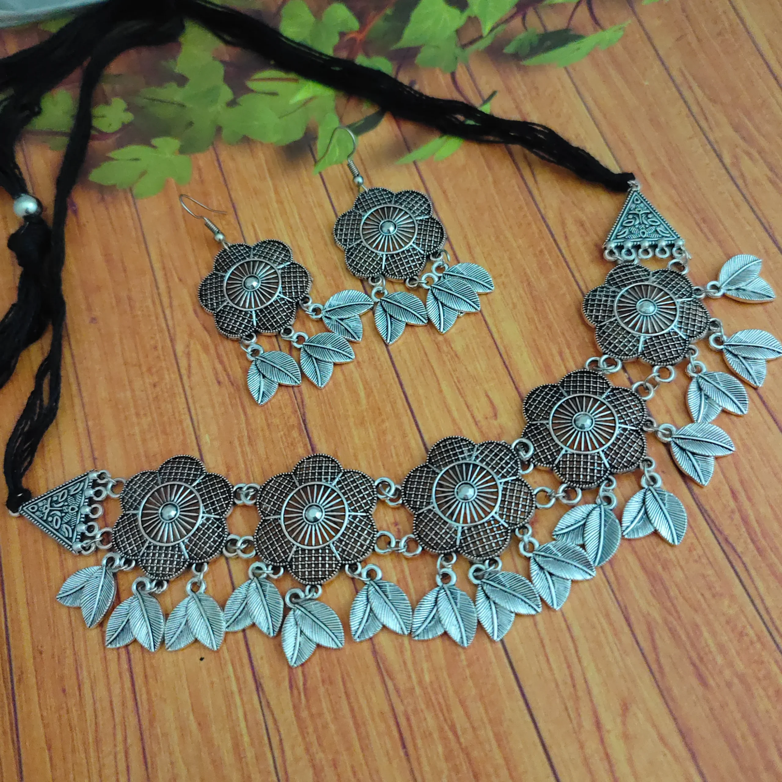 Falak Oxidised Flower Choker Necklace Earring Set