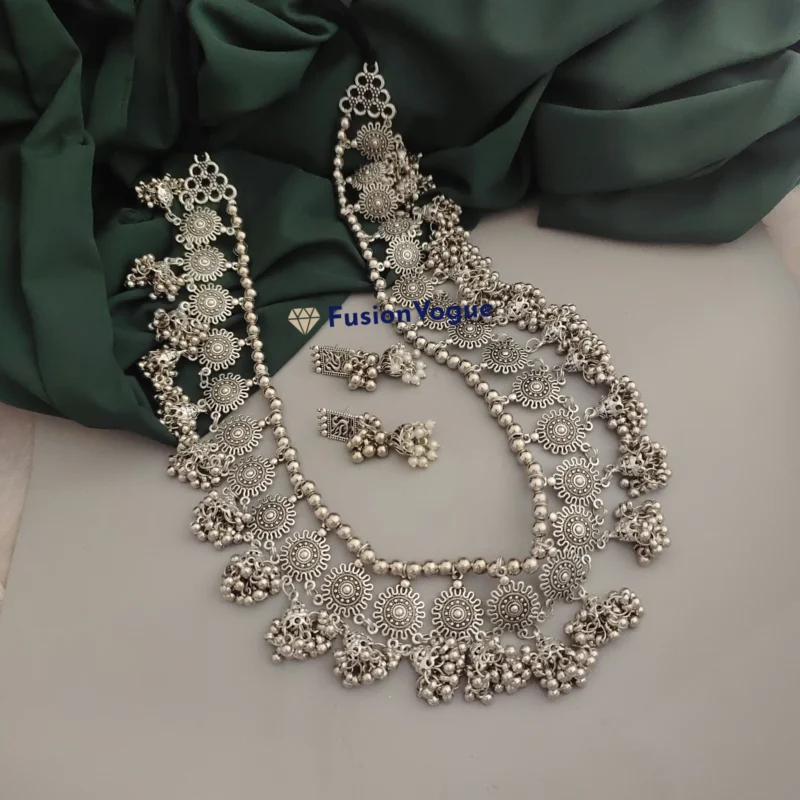 Glamaya Nimrat Oxidised Long Jhumki Necklace Earring Set 1 GLAM-CN-OX-22F9-847026-43-7