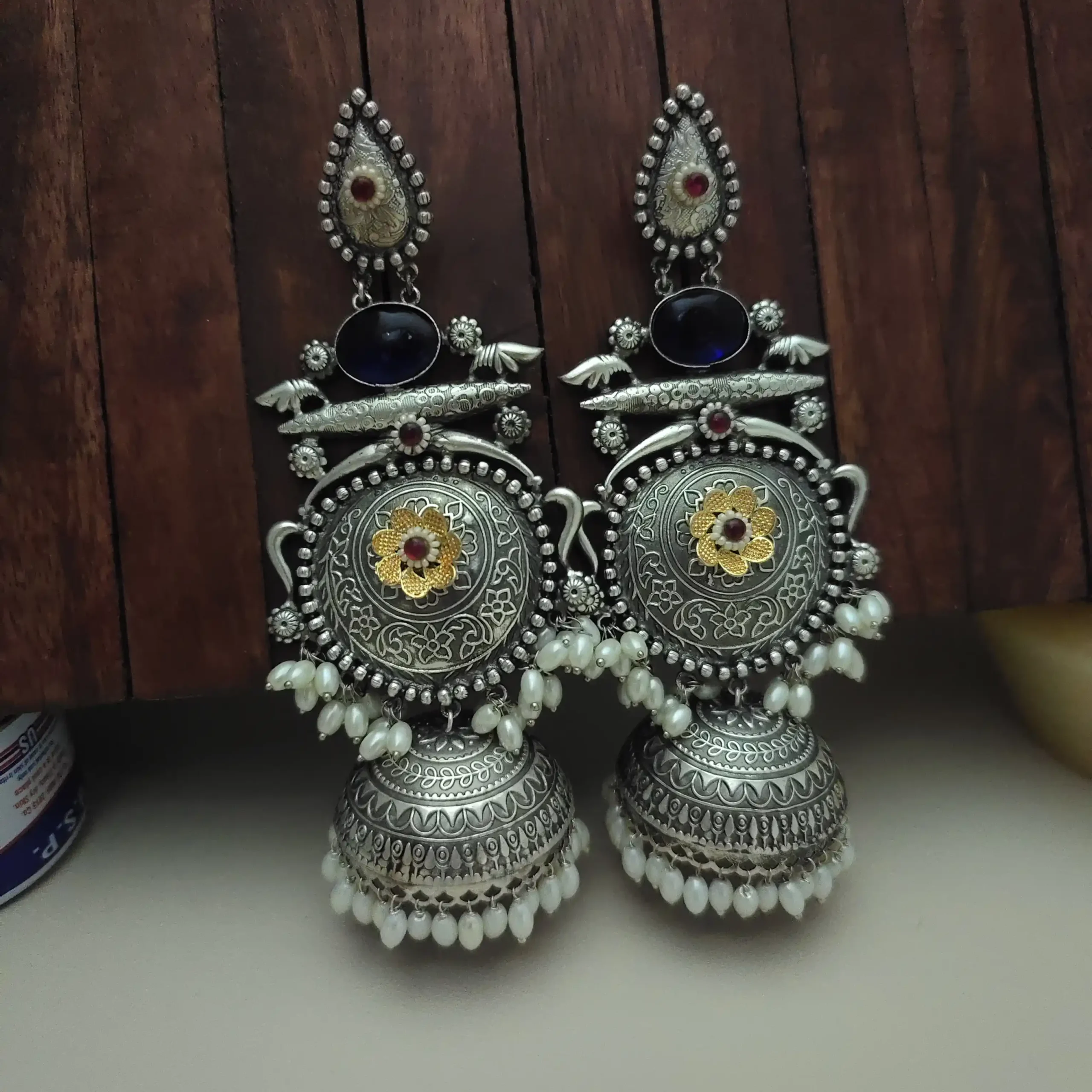 Falguni Silver Replica Monalisa Jhumka Earring for Women black