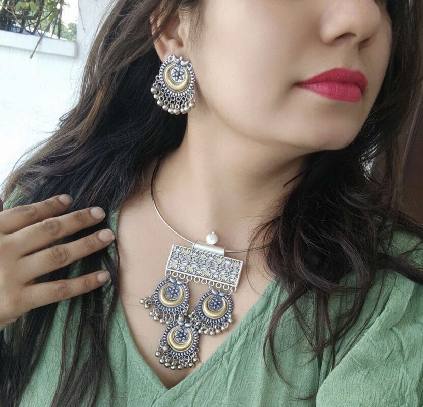 Glamaya Avanti Oxidised Two Tone Necklace Earring Set 1 GLAM-CN-TT-50-810363-101-3