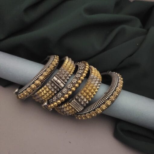 NOOR Two-Tone Silver Replica Brass Screw Openable Bangles Stack NOOR Two-Tone Silver Replica Brass Screw Openable Bangles Stack