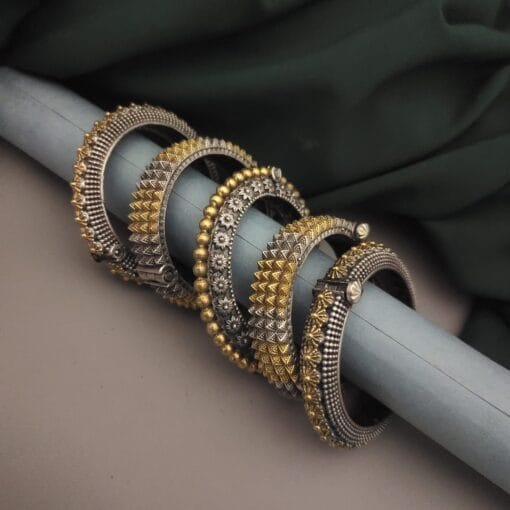 NOOR Two-Tone Silver Replica Brass Screw Openable Bangles Stack