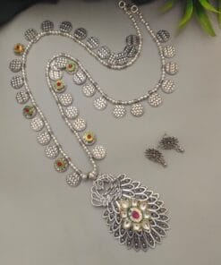 GULNAR Oxidized Peacock Long Chain Necklace Earrings Set