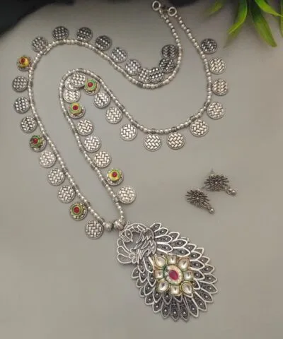 GULNAR Oxidized Peacock Long Chain Necklace Earrings Set