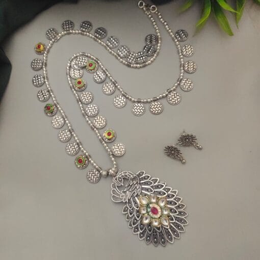 GULNAR Oxidized Peacock Long Chain Necklace Earrings Set