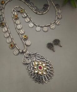 GULNAR Oxidized Peacock Long Chain Necklace Earrings Set