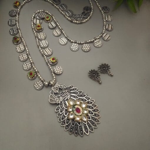 GULNAR Oxidized Peacock Long Chain Necklace Earrings Set GULNAR Oxidized Peacock Long Chain Necklace Earrings Set