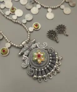 RITISHA Oxidized Peacock Long Chain Necklace Earrings Set