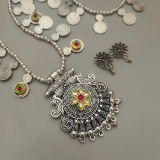 RITISHA Oxidized Peacock Long Chain Necklace Earrings Set RITISHA Oxidized Peacock Long Chain Necklace Earrings Set