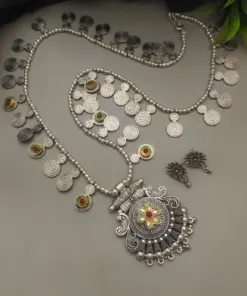 RITISHA Oxidized Peacock Long Chain Necklace Earrings Set
