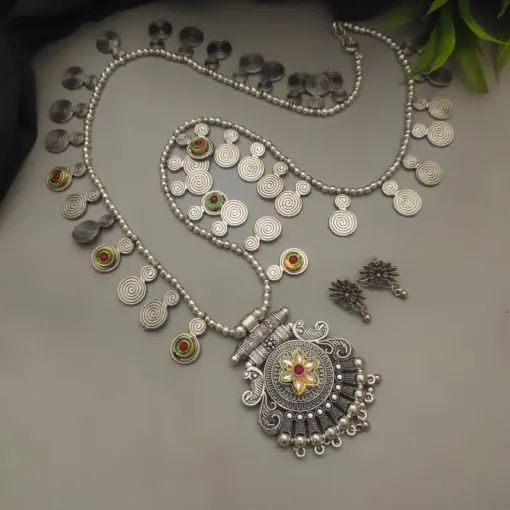 RITISHA Oxidized Peacock Long Chain Necklace Earrings Set RITISHA Oxidized Peacock Long Chain Necklace Earrings Set