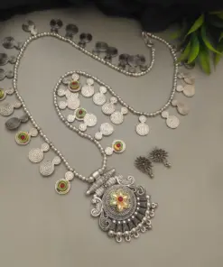 RITISHA Oxidized Peacock Long Chain Necklace Earrings Set