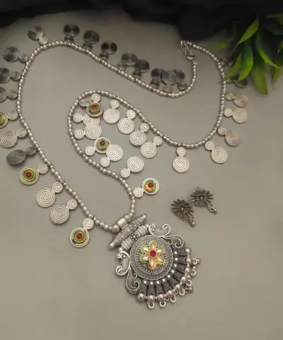 RITISHA Oxidized Peacock Long Chain Necklace Earrings Set