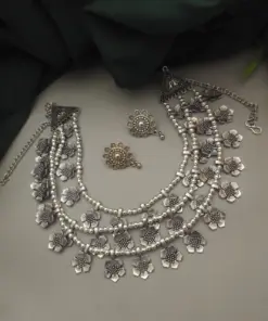 TAVISHA Oxidized Floral 3-Layer Necklace Earrings Set