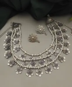 TAVISHA Oxidized Floral 3-Layer Necklace Earrings Set