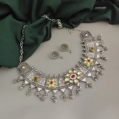 RAJASHRI Oxidised Choker Necklace Earrings Set RAJASHRI Oxidised Choker Necklace Earrings Set