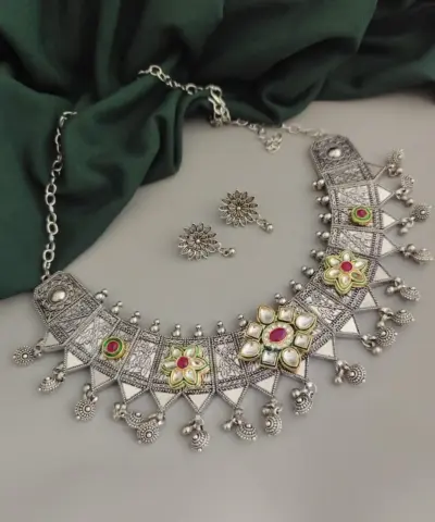 RAJASHRI Oxidised Choker Necklace Earrings Set