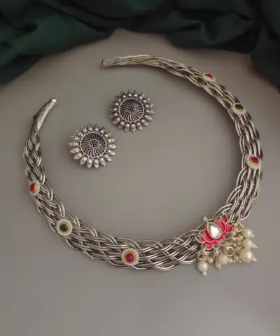 ALSA Oxidised Hasli Necklace Earrings Set