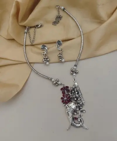Abhiprithi Traditional Oxidized Silver Elephant Hasli Necklace & Earrings Set