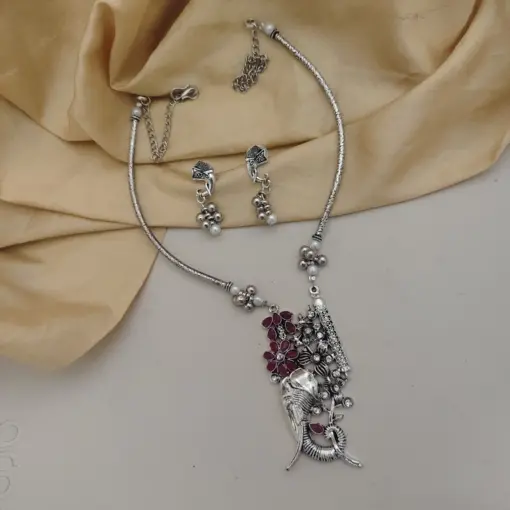 Abhiprithi Traditional Oxidized Silver Elephant Hasli Necklace & Earrings Set