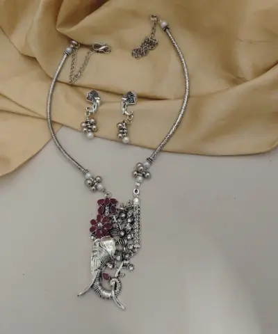 Abhiprithi Traditional Oxidized Silver Elephant Hasli Necklace & Earrings Set
