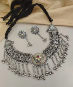 NIDHI Traditional Oxidized Silver Choker Necklace & Earrings Set