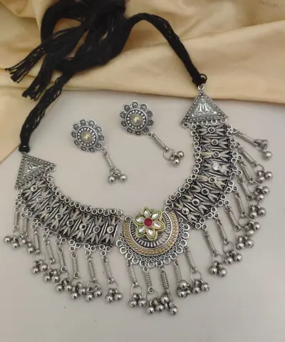 NIDHI Traditional Oxidized Silver Choker Necklace & Earrings Set