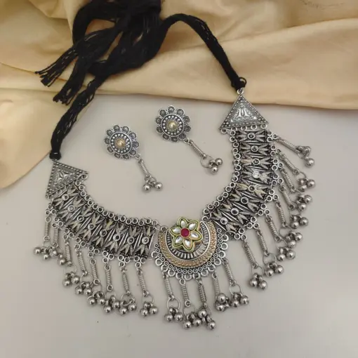NIDHI Traditional Oxidized Silver Choker Necklace & Earrings Set NIDHI Traditional Oxidized Silver Choker Necklace & Earrings Set